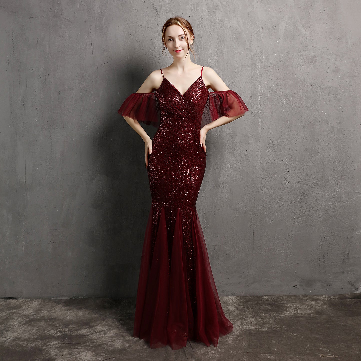 Polyester Silk Tassel Sequin Fishtail Cocktail Elegant Graceful Celebrity Host Car Model Party Dress Women Jujube Red