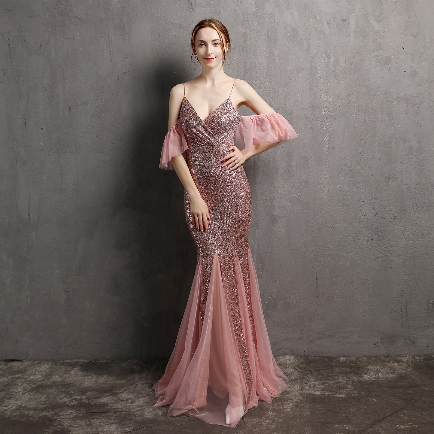 Polyester Silk Tassel Sequin Fishtail Cocktail Elegant Graceful Celebrity Host Car Model Party Dress Women Pink