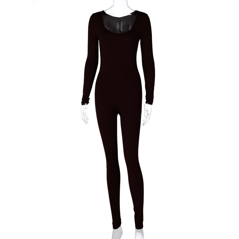 Women Clothing Autumn Long Sleeve Slim Fit Hip Raise Leggings Jumpsuit for Women Black