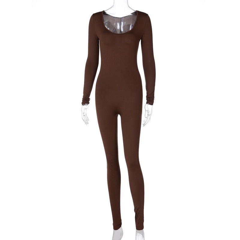 Women Clothing Autumn Long Sleeve Slim Fit Hip Raise Leggings Jumpsuit for Women Coffee