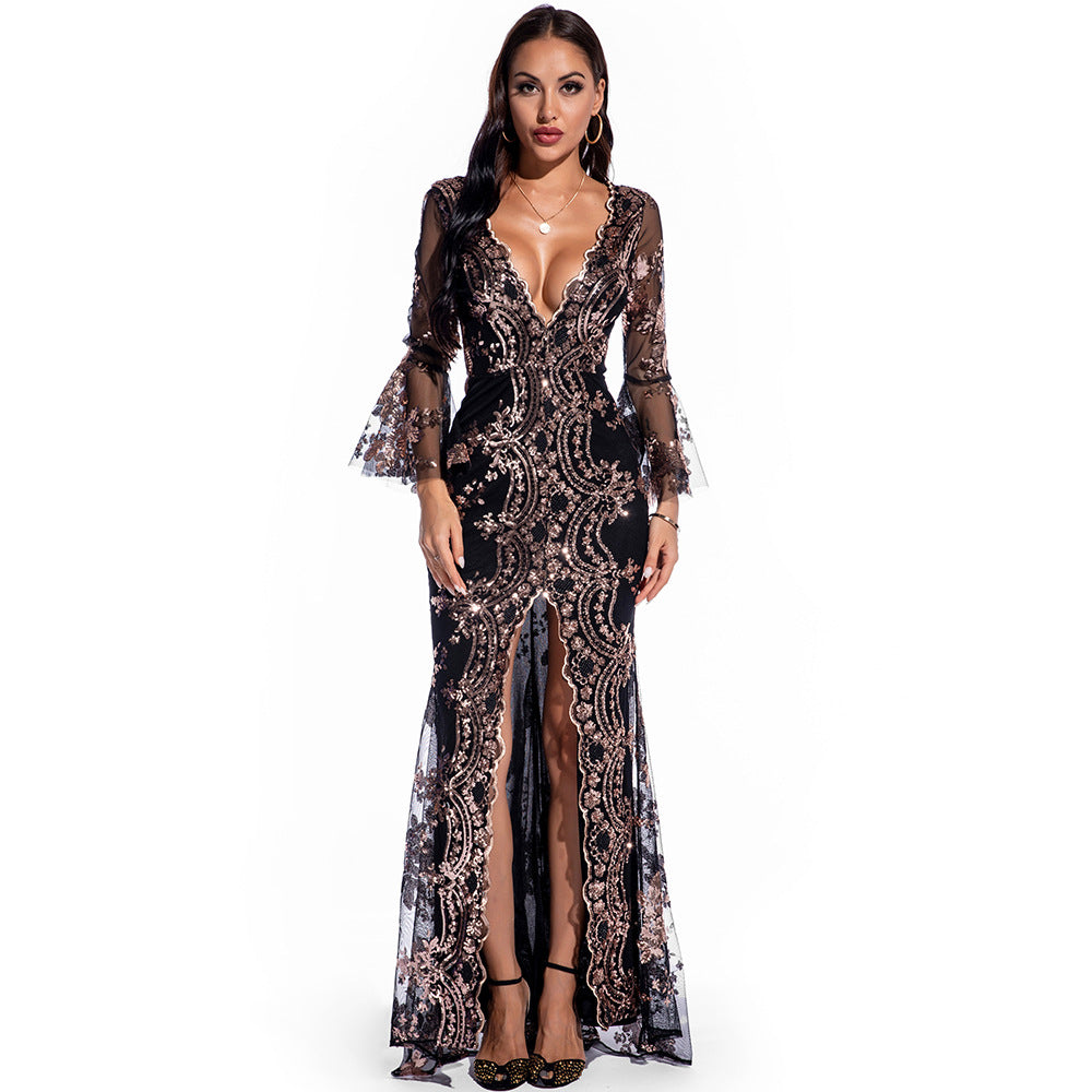 Sexy Retro Long Sleeve Sequins Dress Popular Women Party Dress Black