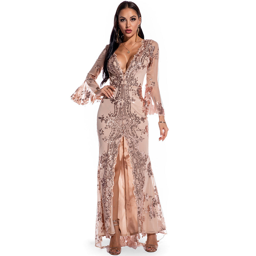 Sexy Retro Long Sleeve Sequins Dress Popular Women Party Dress