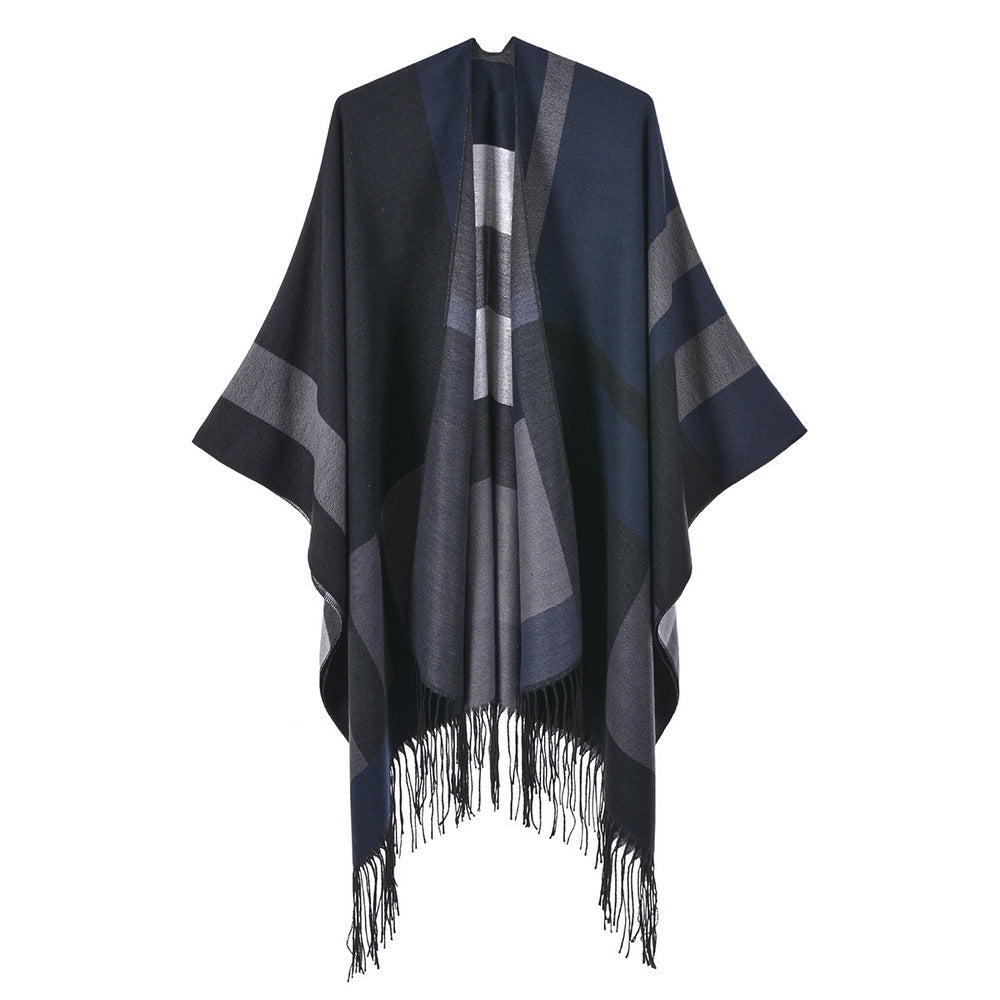 Street Ladies Large Scarf Autumn Winter All Match Air Conditioned Room Keeping Warm Dual Purpose Plain Tassel Shawl Cape One Size Dark Blue