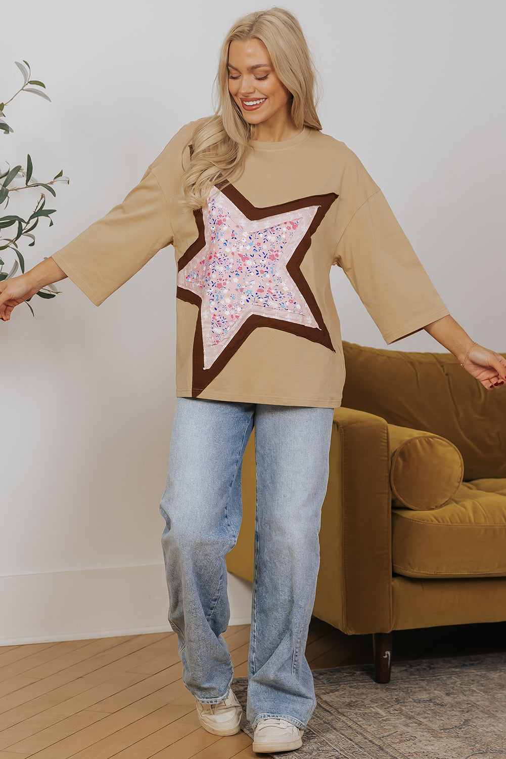 Camel Floral Star Patchwork 3/4 Long Sleeve Top