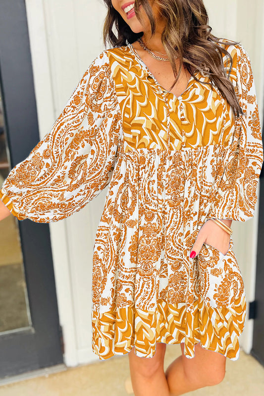 Orange Bohemian Print Puff Sleeve Tied V Neck Flared Mini Dress Orange 100%Polyester