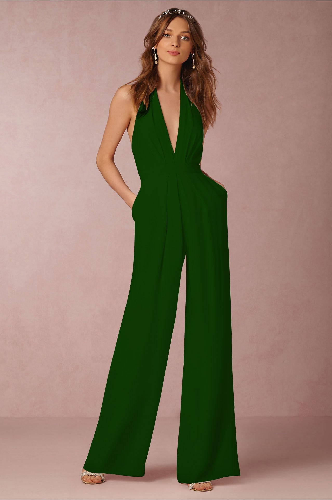 Spring Casual Jumpsuit Sexy Sleeveless Halter Jumpsuit Dark Green