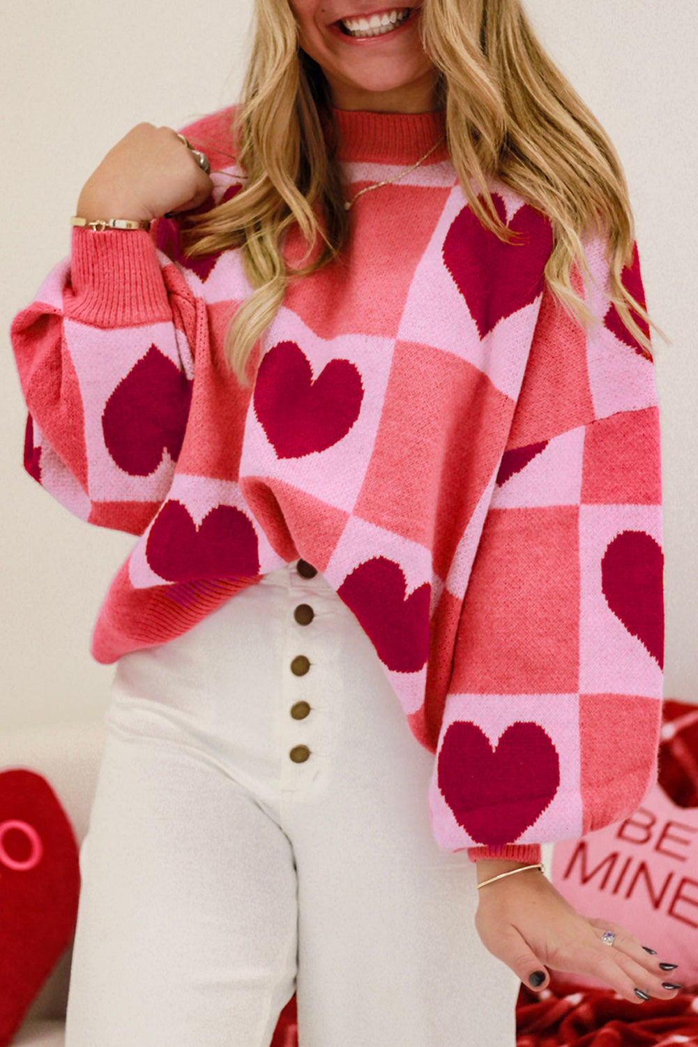 Pink Plus Size Love Heart Block Mock Neck Lantern Sleeve Valentine Sweater Pink 50%Viscose+28%Polyester+22%Polyamide