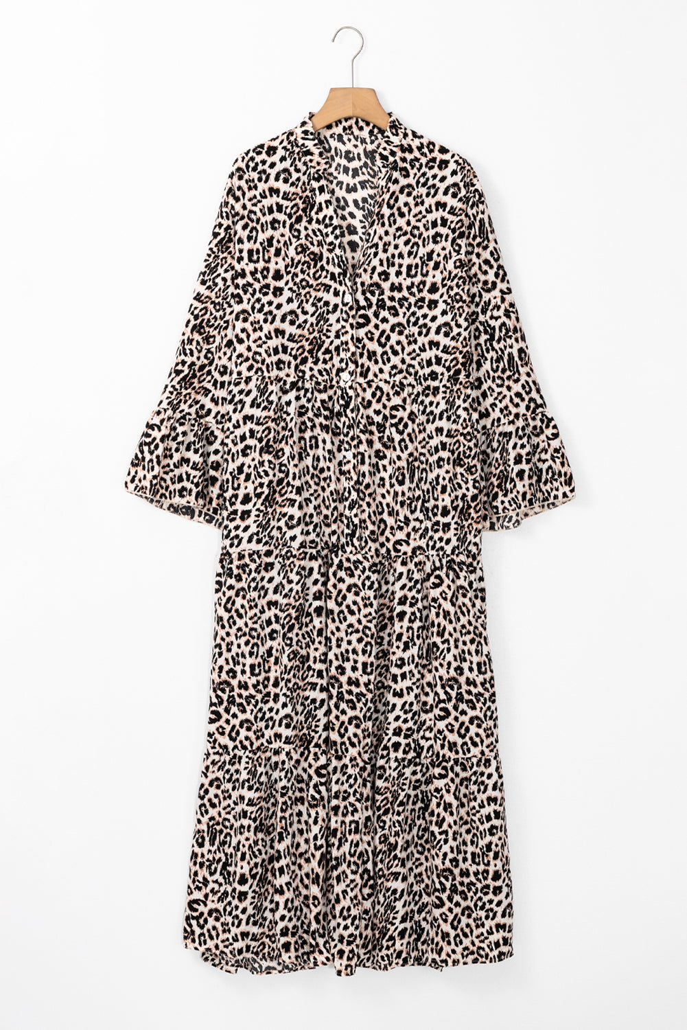 Apricot Leopard Print Tiered Wide Sleeve Maxi Dress