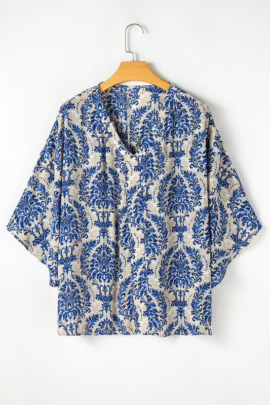 Blue Plus Size Ethnic Printed 3/4 Sleeve V Neck Loose Blouse Blue 100%Polyester