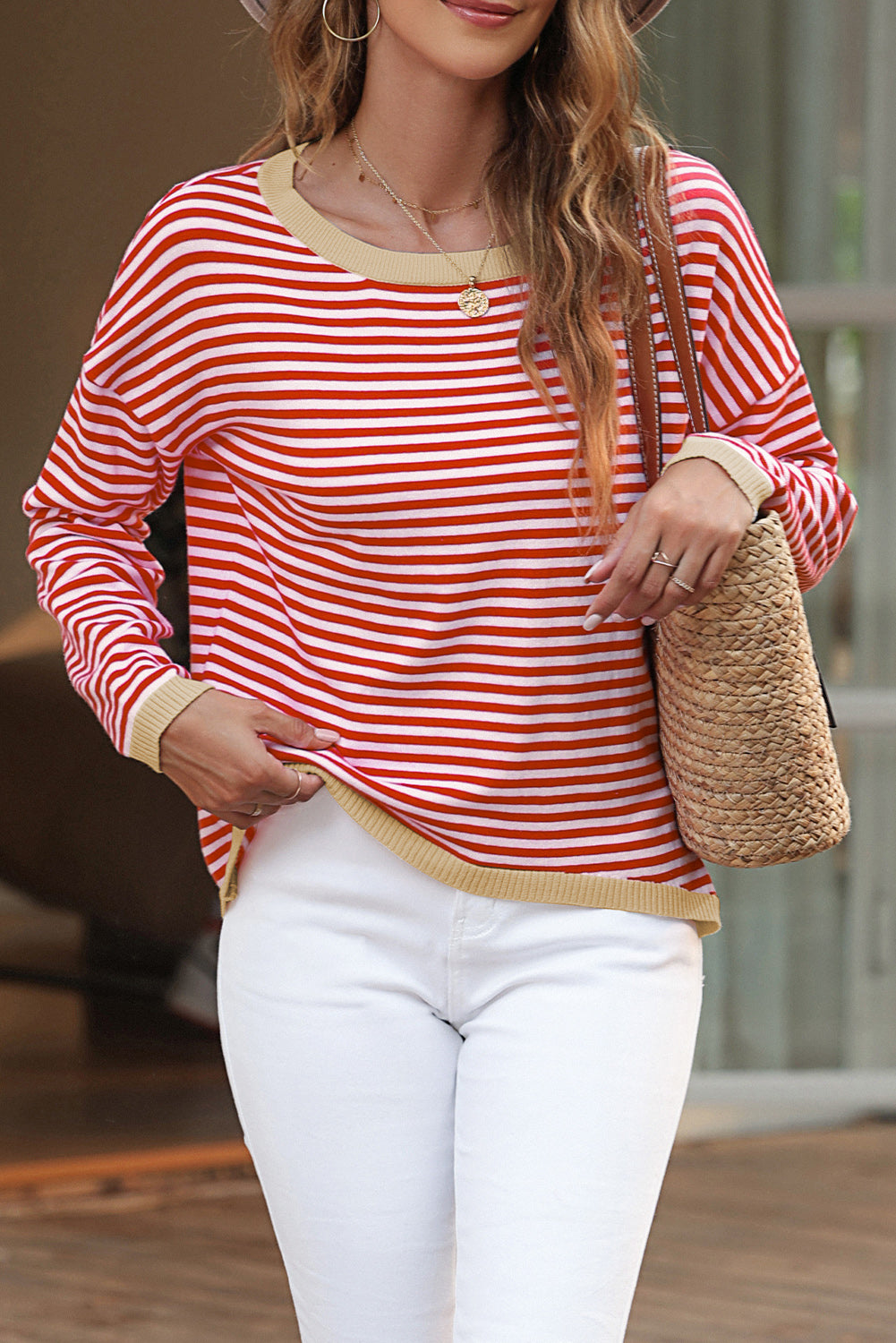 Fiery Red Contrast Trimmed Striped Drop Shoulder Sweater Fiery Red 100%Cotton