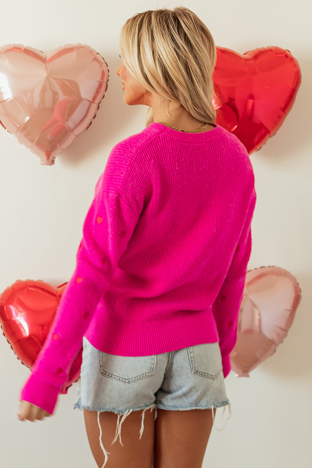 Rose Red Heart Shape Drop Shoulder Round Neck Sweater