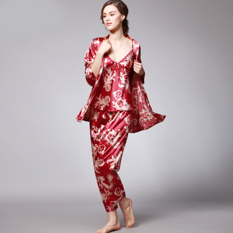 Silk Pajamas Women Spring Summer Dragon Robe Printed Silk Home Wear Three-Piece Suit satin pajamas satin sleepwear