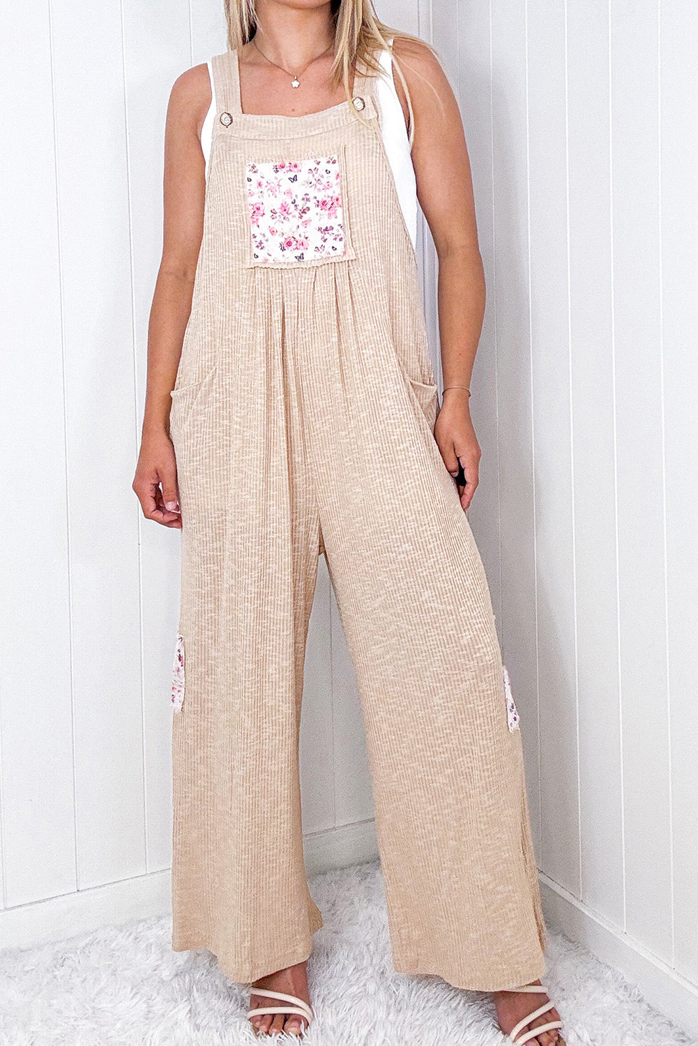 Jet Stream Floral Patchwork Ribbed Side Pockets Wide Leg Jumpsuit Jet Stream 60%Polyester+35%Cotton+5%Elastane