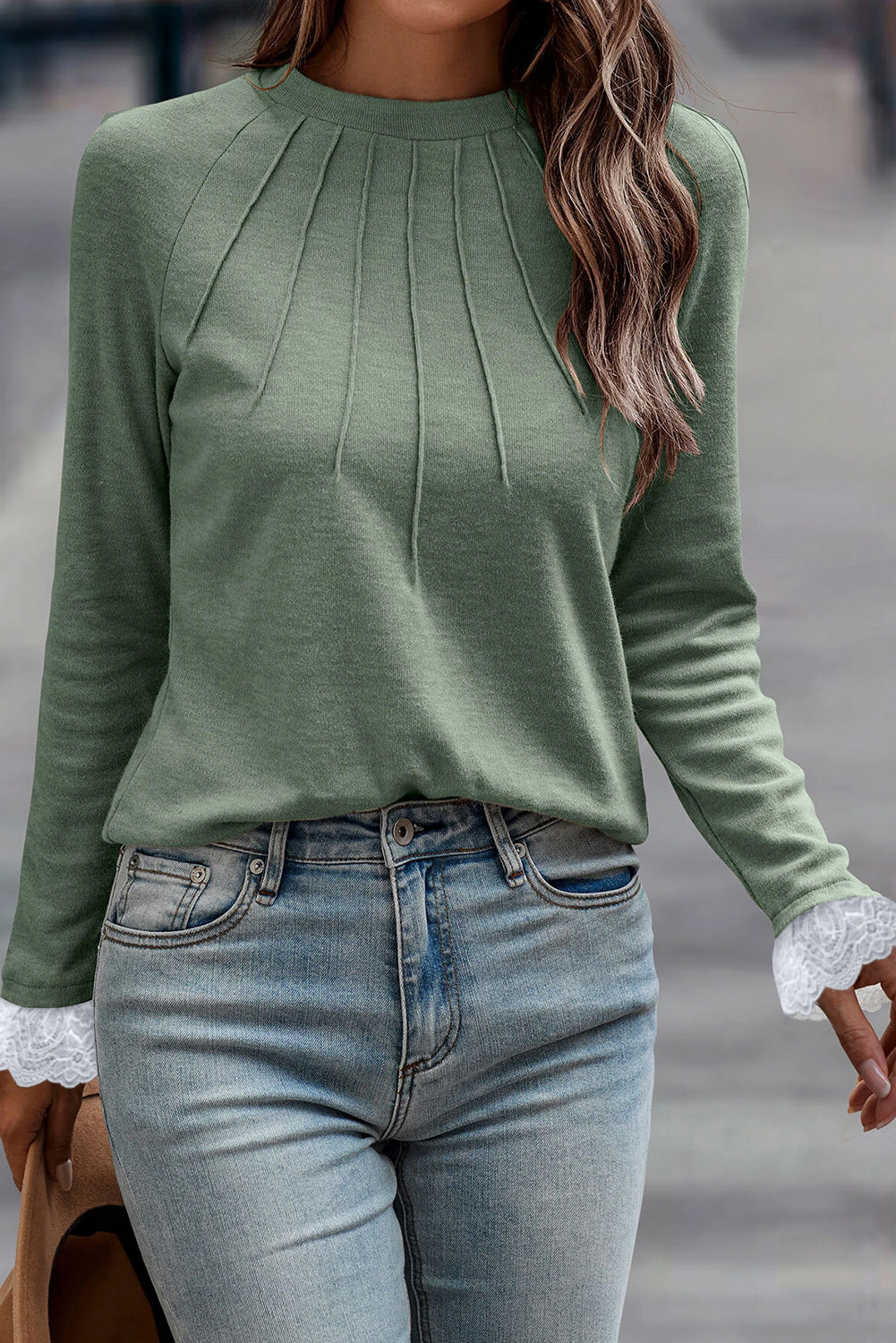 Grass Green Seam Detail Lace Contrast Cuffs Raglan Sleeve Top Grass Green 75%Polyester+20%Viscose+5%Elastane