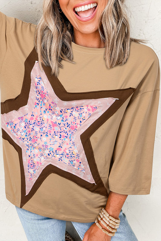 Camel Floral Star Patchwork 3/4 Long Sleeve Top Camel 95%Cotton+5%Elastane