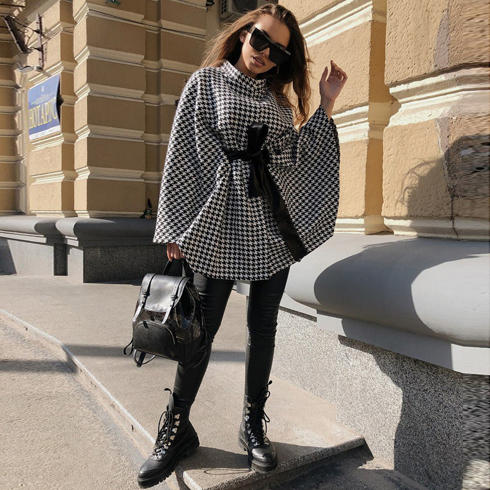 Autumn Winter Women Coat Houndstooth Woolen Coat Loose Lace-up Cloak Robe Top One Size Plaid