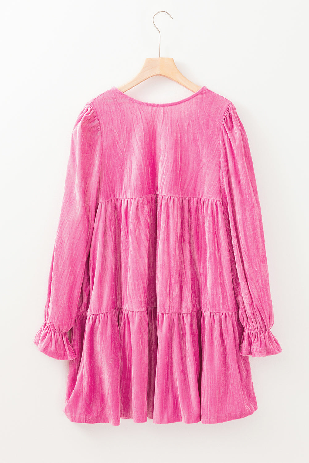 Strawberry Pink Flounce Sleeve Tiered Ruffled Velvet Mini Dress Strawberry Pink 95%Polyester+5%Elastane