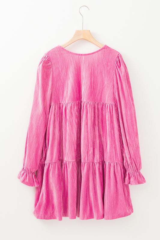 Strawberry Pink Flounce Sleeve Tiered Ruffled Velvet Mini Dress Strawberry Pink 95%Polyester+5%Elastane