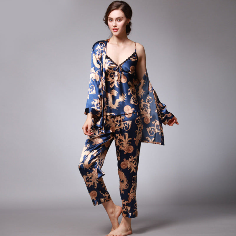 Silk Pajamas Women Spring Summer Dragon Robe Printed Silk Home Wear Three-Piece Suit satin pajamas satin sleepwear TZ013 Ladies Three-Piece Set Sapphire Blue