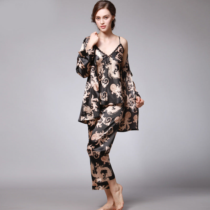 Silk Pajamas Women Spring Summer Dragon Robe Printed Silk Home Wear Three-Piece Suit satin pajamas satin sleepwear TZ013 Ladies Three-Piece Set Black