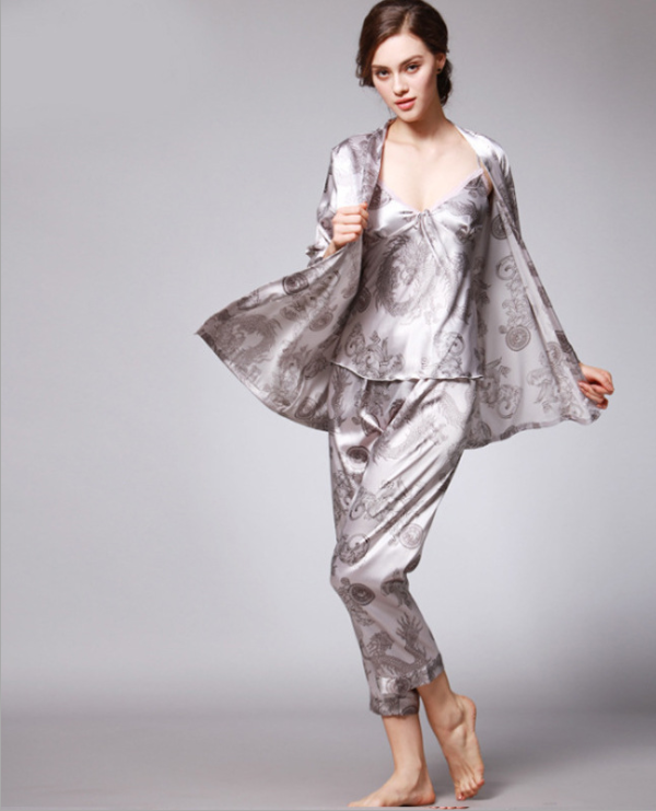 Silk Pajamas Women Spring Summer Dragon Robe Printed Silk Home Wear Three-Piece Suit satin pajamas satin sleepwear TZ013 Ladies Three-Piece Set Gray