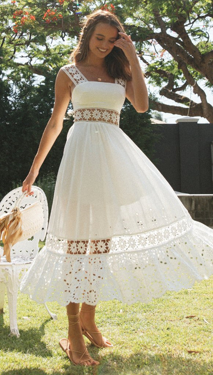 Spring Summer Women Clothing Long Lace Stitching Big Swing Dress White