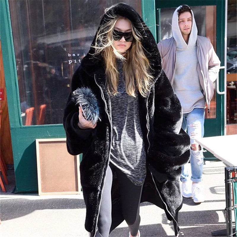 Spring Autumn Loose Faux Fur Coat Women Hooded Large Long Rabbit Fur Leather Fur Coat