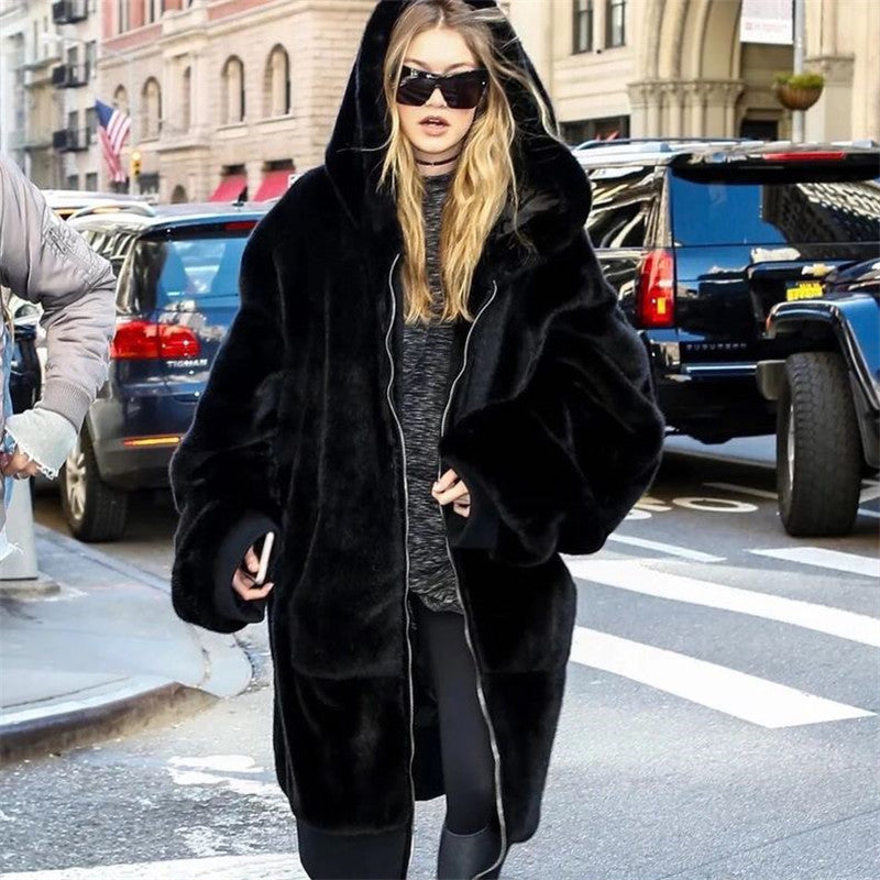 Spring Autumn Loose Faux Fur Coat Women Hooded Large Long Rabbit Fur Leather Fur Coat