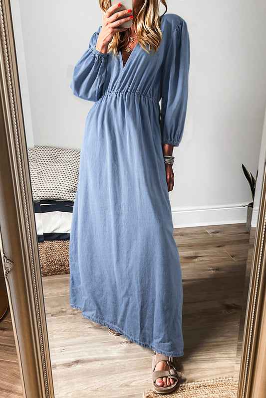 Myosotis Chambray Deep V Neck Bracelet Sleeve Maxi Dress Myosotis 100%Cotton