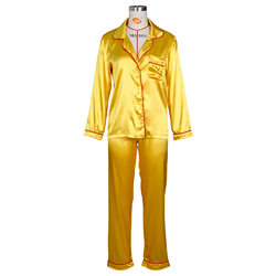 Pajamas Women Spring Summer Imitation Silk Long Sleeve Ice Silk Cardigan Suit plus Size Thin Homewear S Yellow