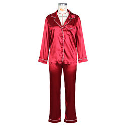 Pajamas Women Spring Summer Imitation Silk Long Sleeve Ice Silk Cardigan Suit plus Size Thin Homewear S Wine Red