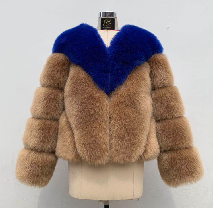 Fur Fur Coat Women Autumn Winter New Color Matching Faux Fur Fur Coat Women Sapphire Blue Light Camel