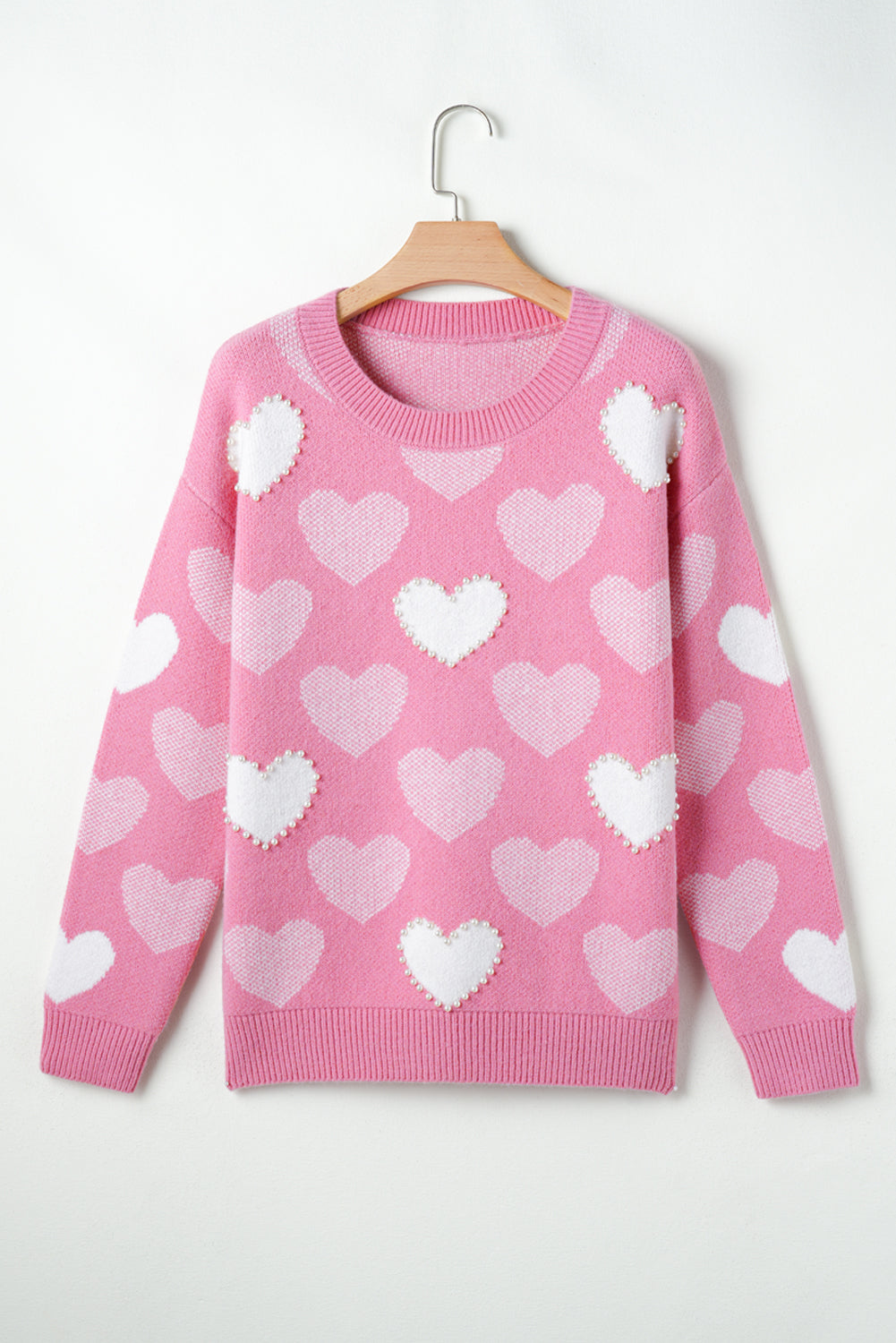 Pink Pearled Heart Print Valentines Crew Neck Sweater Pink 42%Acrylic+30%Polyester+28%Polyamide