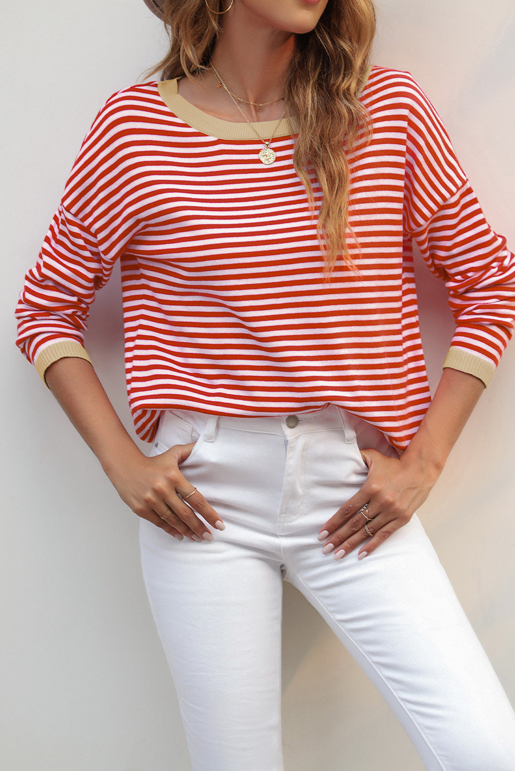 Fiery Red Contrast Trimmed Striped Drop Shoulder Sweater