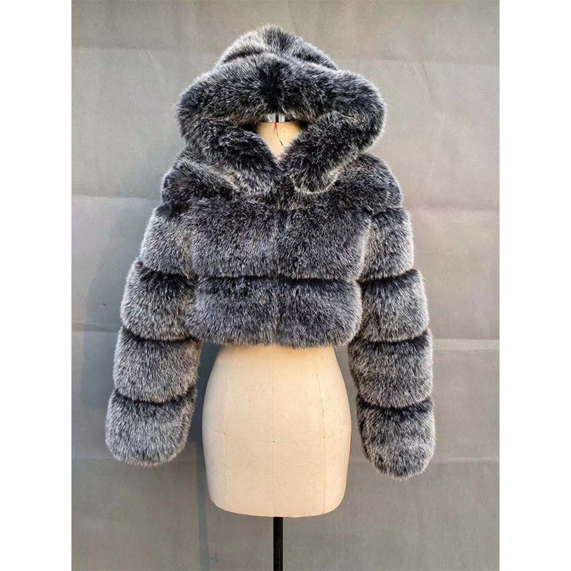 Short Hood Fur Coat Women Autumn Winter Faux Fur Stitching Long Sleeve Leather Fur Coat Plus Size