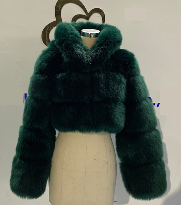 Short Hood Fur Coat Women Autumn Winter Faux Fur Stitching Long Sleeve Leather Fur Coat Plus Size blackish green