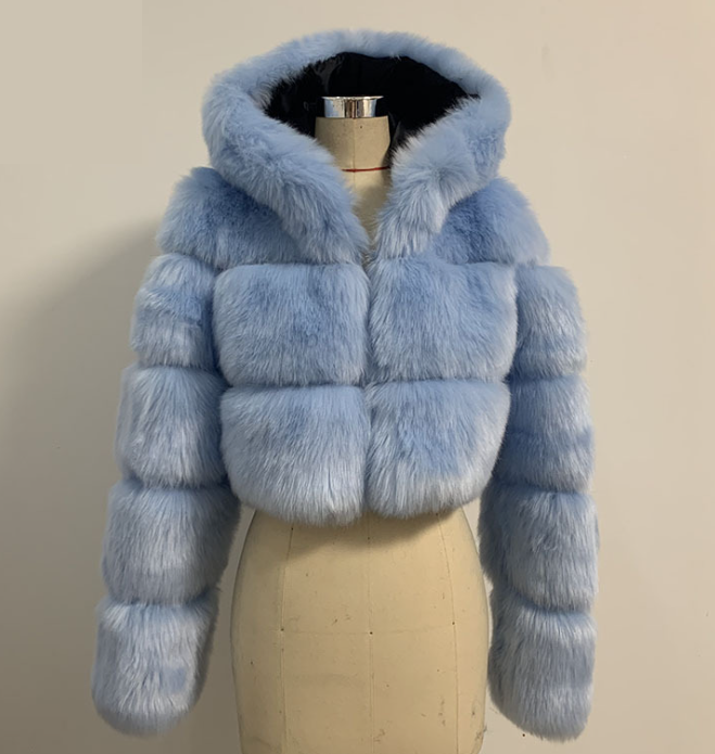 Short Hood Fur Coat Women Autumn Winter Faux Fur Stitching Long Sleeve Leather Fur Coat Plus Size Turquoise