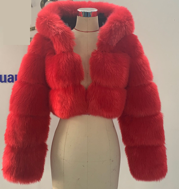 Short Hood Fur Coat Women Autumn Winter Faux Fur Stitching Long Sleeve Leather Fur Coat Plus Size Coral Red