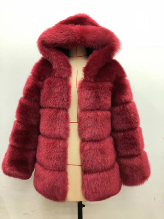 Autumn Winter Fox Fur Fur Artificial Fur Stitching Hooded Women Mid Length Fur Coat Plus Size