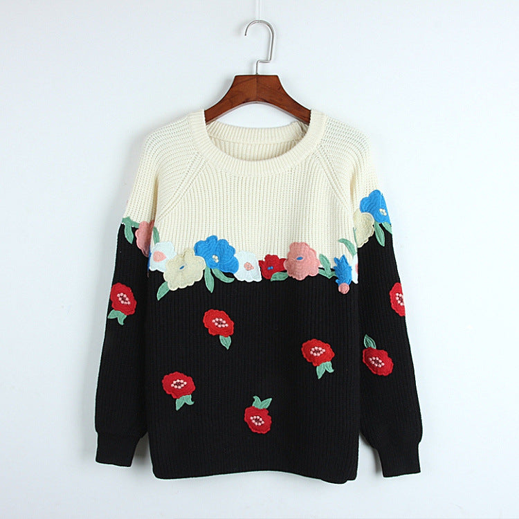 Colored Pullover Sweater Spring Autumn Winter round Neck Loose Floral Patch Long Sleeves Sweaters Women Clothing Black And White