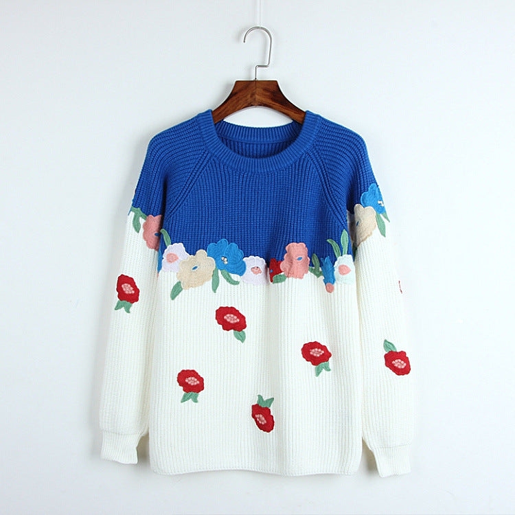 Colored Pullover Sweater Spring Autumn Winter round Neck Loose Floral Patch Long Sleeves Sweaters Women Clothing Blue and White