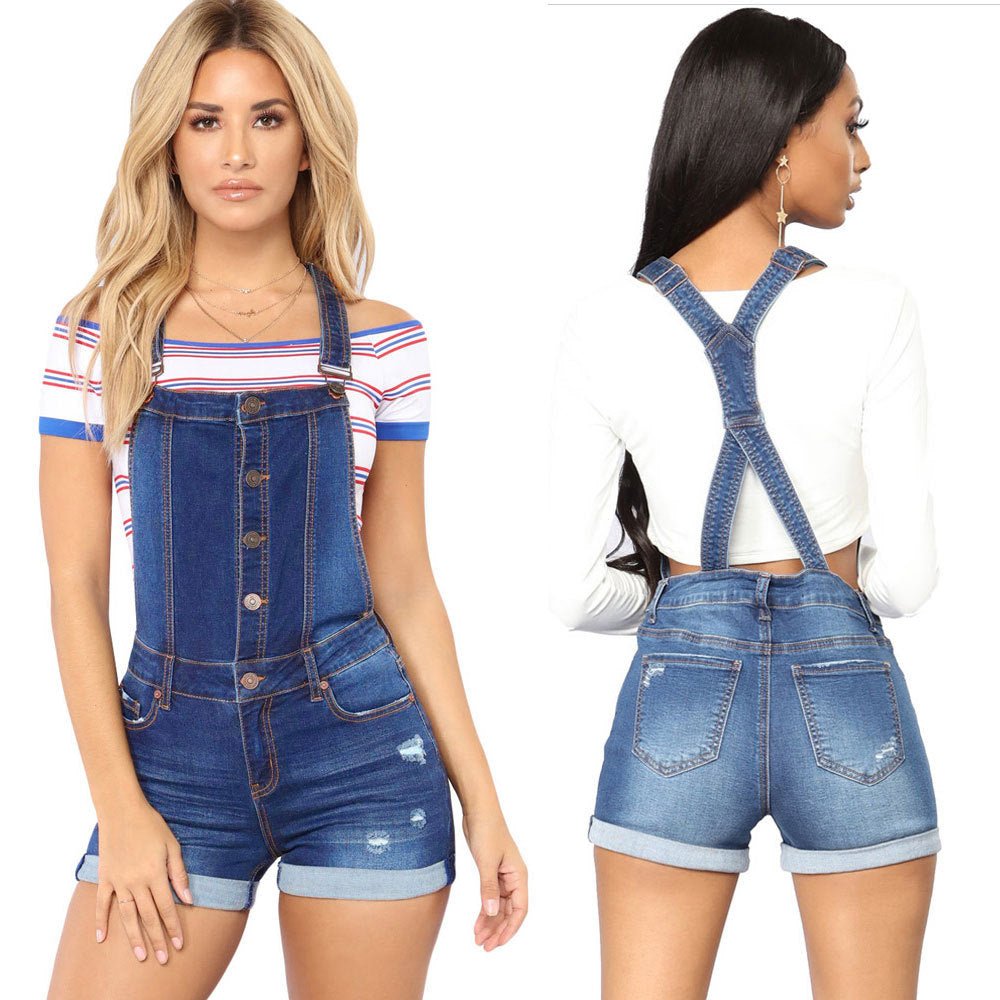 Spring Ripped Hip Lifting Strap Curling Jeans Wish Romper