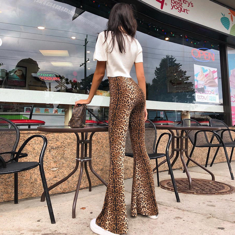 Elastic High Waist Leopard-print Bell-bottom Pants Women Long Women Clothing