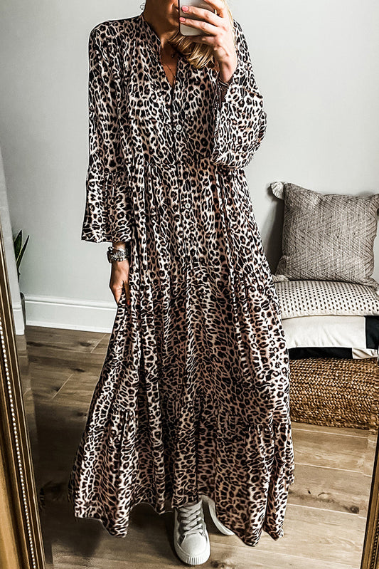 Apricot Leopard Print Tiered Wide Sleeve Maxi Dress Apricot 100%Polyester