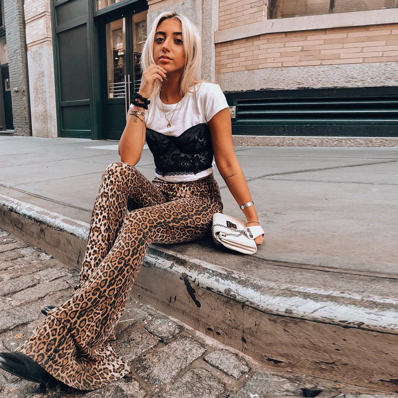 Elastic High Waist Leopard-print Bell-bottom Pants Women Long Women Clothing