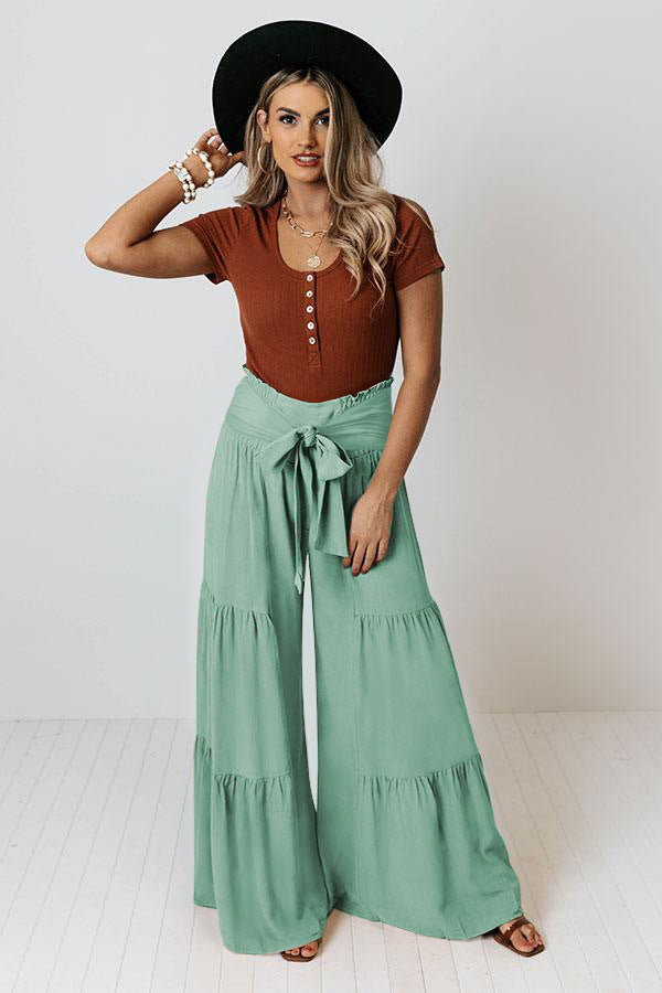 Women Clothing Bandage Elastic Waist Pleated Wide Leg Pants Casual Loose Trousers