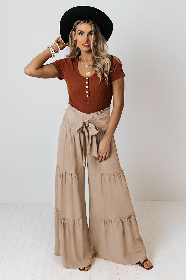 Women Clothing Bandage Elastic Waist Pleated Wide Leg Pants Casual Loose Trousers