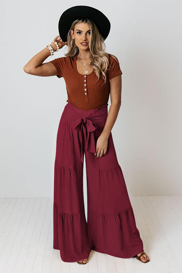 Women Clothing Bandage Elastic Waist Pleated Wide Leg Pants Casual Loose Trousers