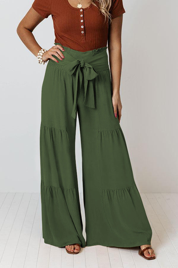 Women Clothing Bandage Elastic Waist Pleated Wide Leg Pants Casual Loose Trousers