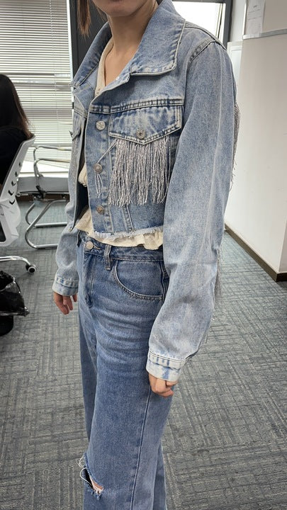 Women Clothing Tassel Denim Jacket Women Same Denim Short Jacket